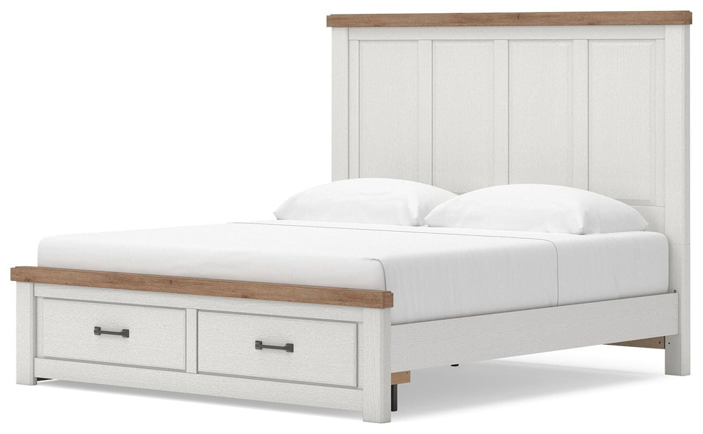 White storage bed with vertical panel headboard and one drawer footboard