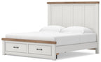 White storage bed with vertical panel headboard and one drawer footboard