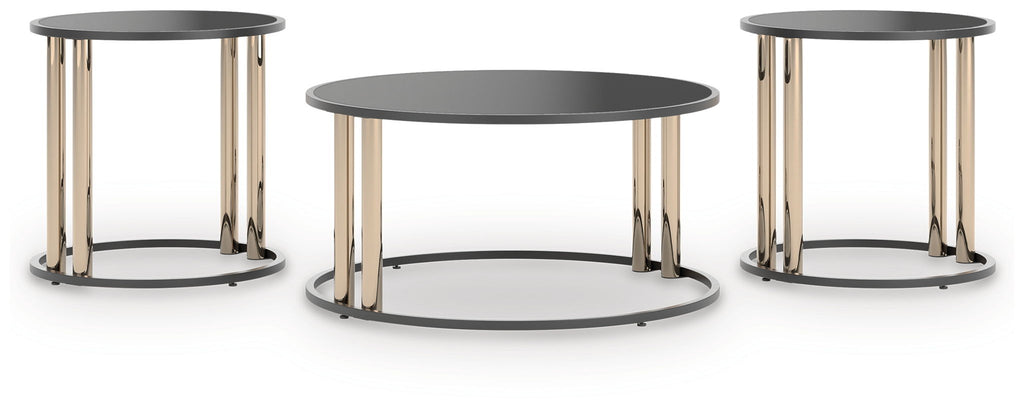 Round black occasional table set of 3 with dark glass tops and gold-finish legs