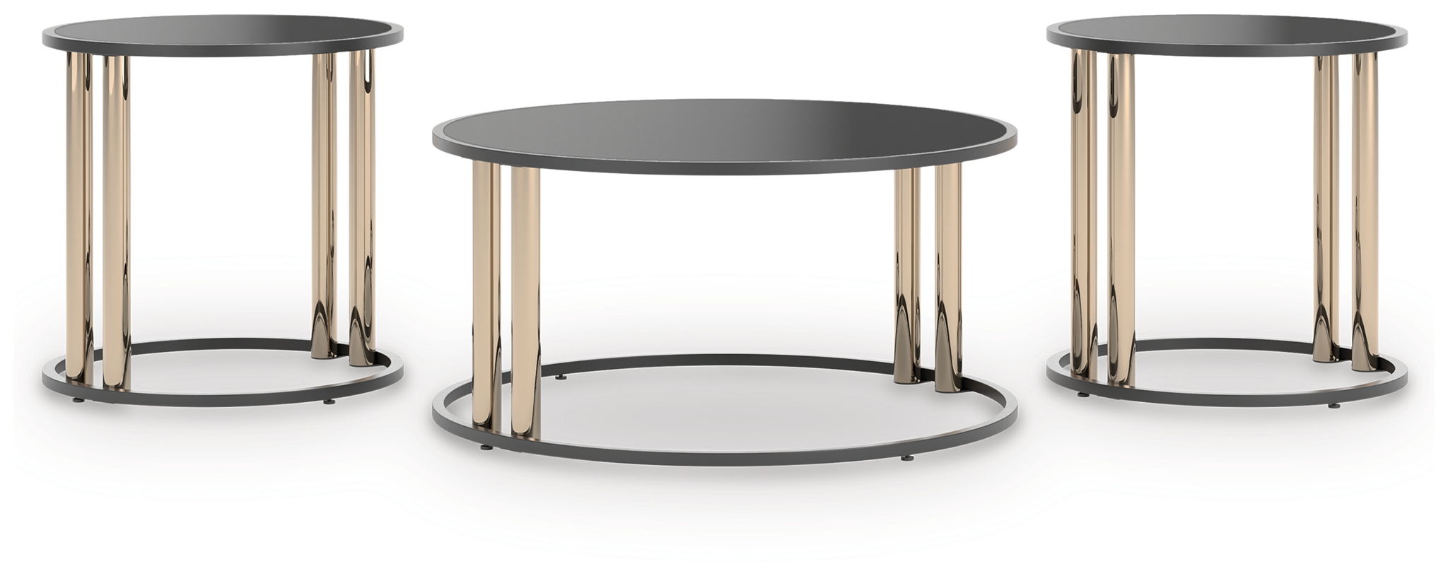 Round black occasional table set of 3 with dark glass tops and gold-finish legs