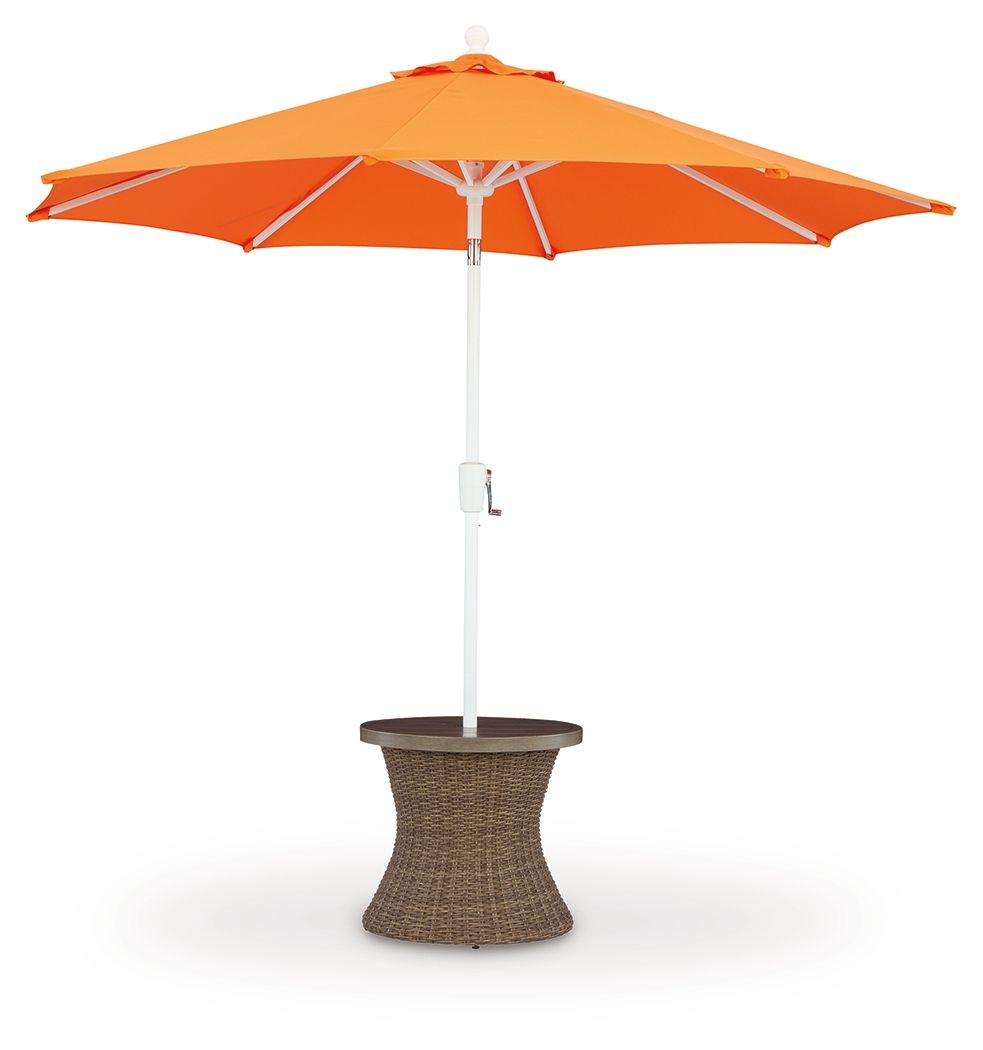 Round end table with umbrella: orange canopy over beige woven base
