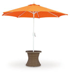 Round end table with umbrella: orange canopy over beige woven base