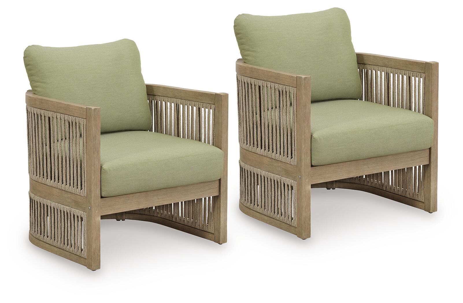 Pair of beige lounge chairs with green seat cushions and slatted panels