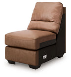 Caramel armless chair with wide upholstered seat, padded back, dark side panels