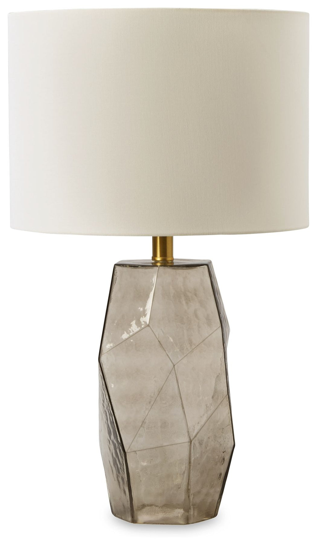 Gray glass table lamp with white drum shade, faceted base, and gold stem