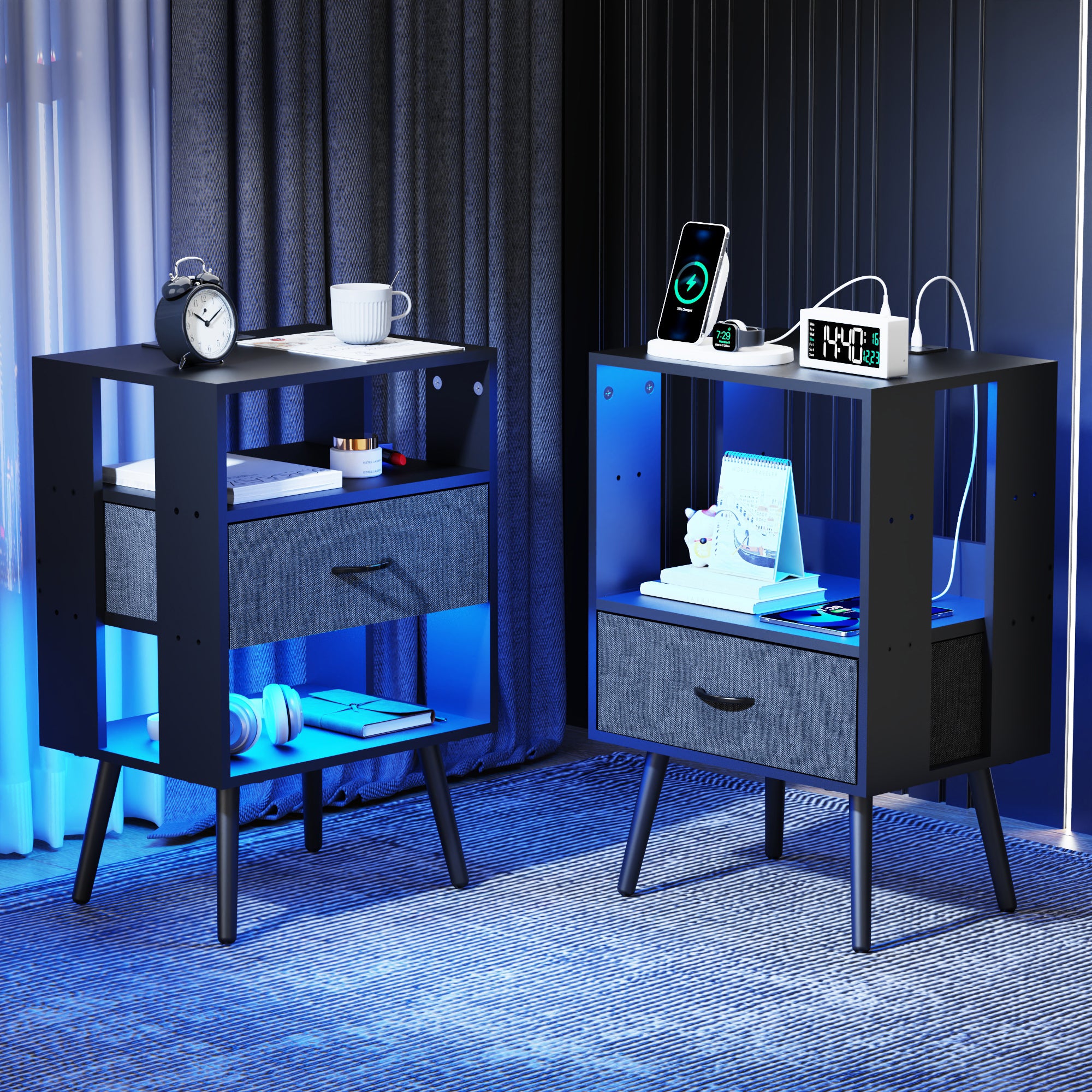 Modern 2-Pack Nightstands with Charging, LED Light & Fabric Drawers