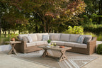 Outdoor sectional sofa with beige cushions and patterned throw pillows, beside rectangular coffee table