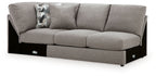 Smoke gray armless loveseat with wedge, tufted cushions, black base, square profile