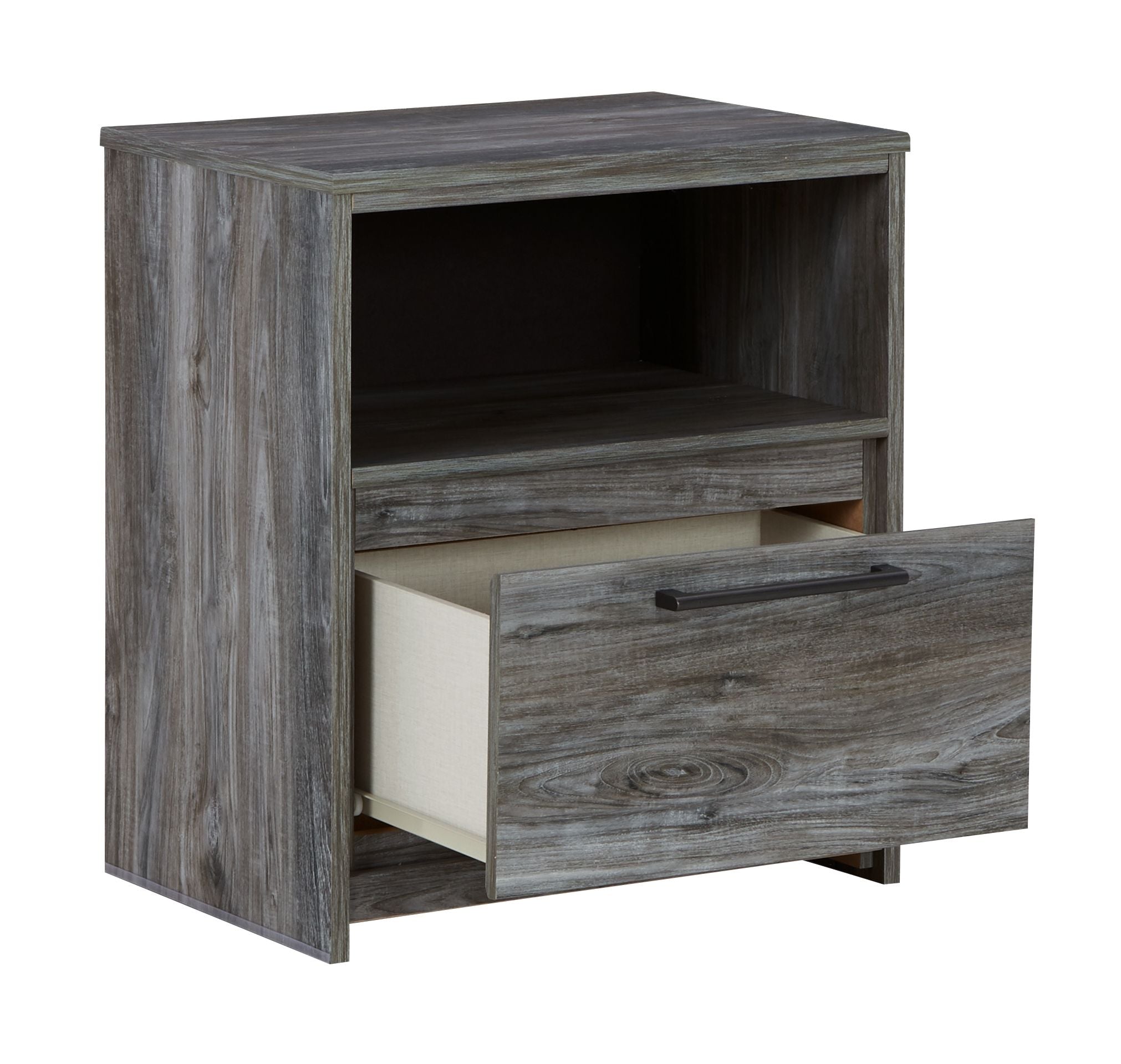 Gray one-drawer nightstand with open side shelf and drawer pulled out, wood grain.