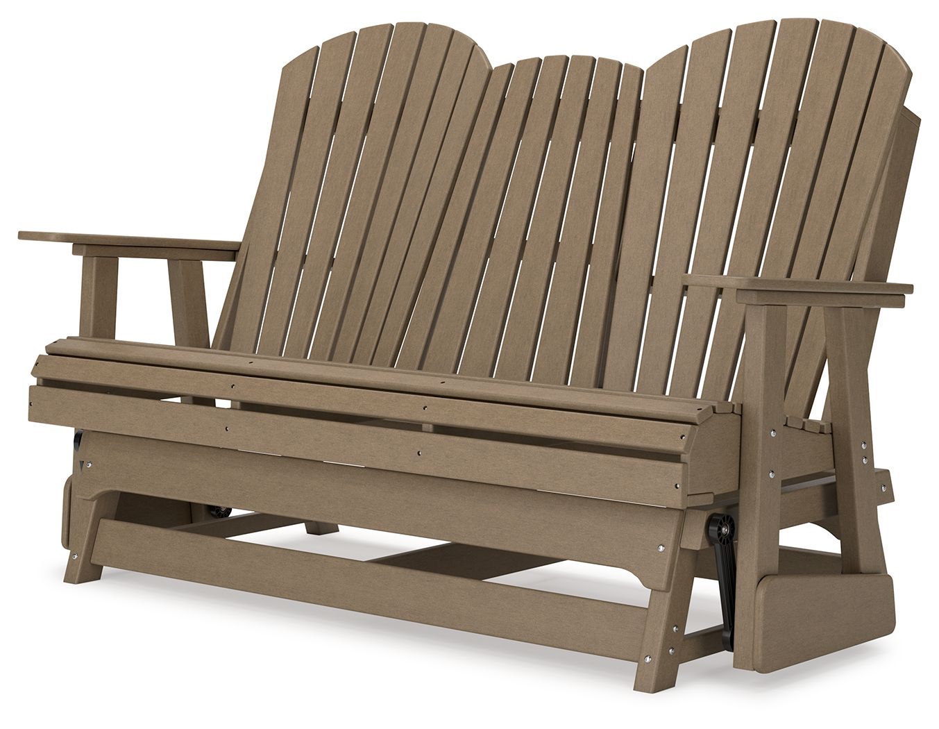Dark brown glider loveseat side view with curved slat back and slatted base