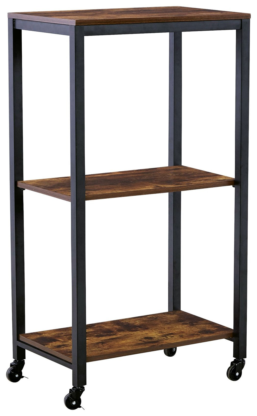 Brown wood and black metal bar cart with two open shelves and four casters