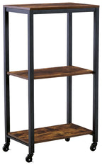 Brown wood and black metal bar cart with two open shelves and four casters
