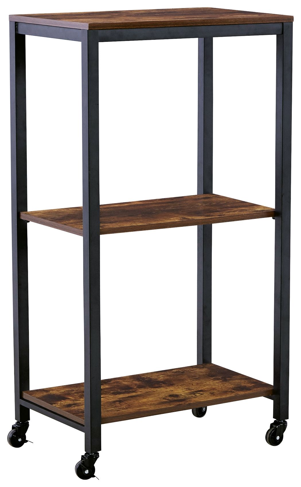 Brown wood and black metal bar cart with two open shelves and four casters