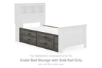 Under-bed storage bin with side rail, gray drawers and white frame