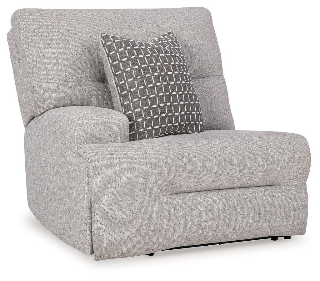 Pewter gray power recliner with geometric throw pillow and padded armrests