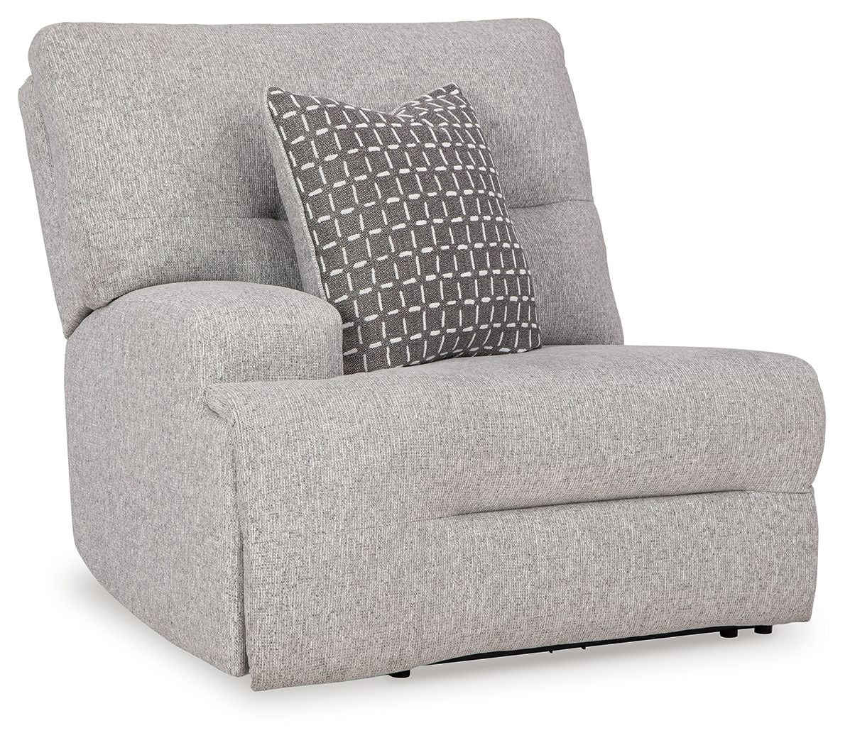 Pewter gray power recliner with geometric throw pillow and padded armrests