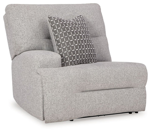 Pewter gray power recliner with geometric throw pillow and padded armrests