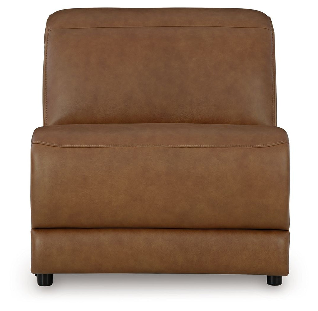 Caramel upholstered armless chair with manual headrest and wide back cushion