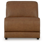 Caramel upholstered armless chair with manual headrest and wide back cushion