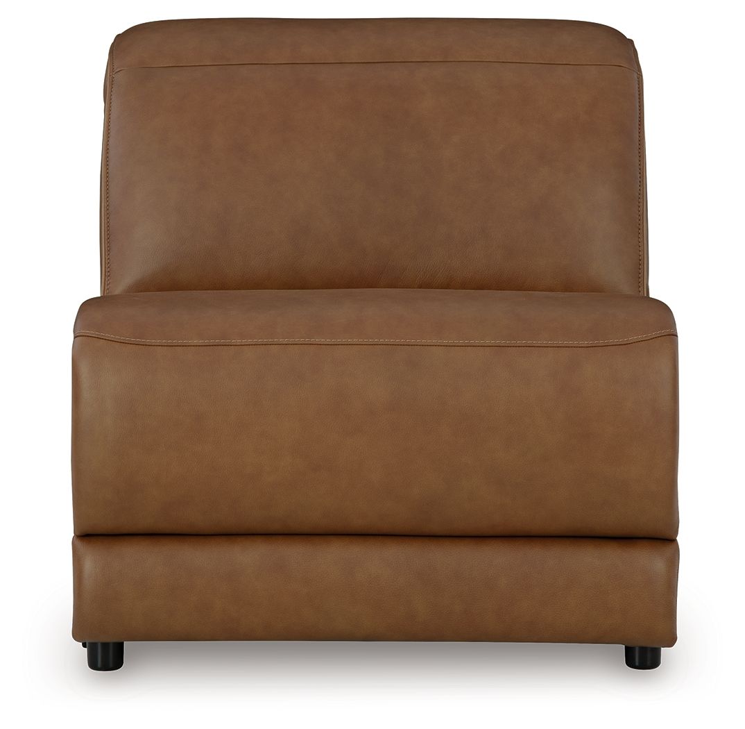 Caramel upholstered armless chair with manual headrest and wide back cushion
