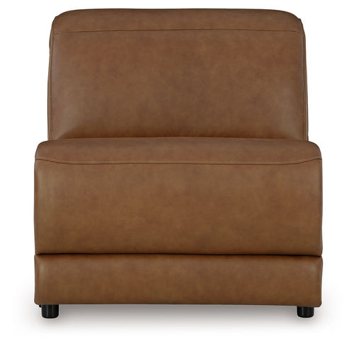 Caramel upholstered armless chair with manual headrest and wide back cushion