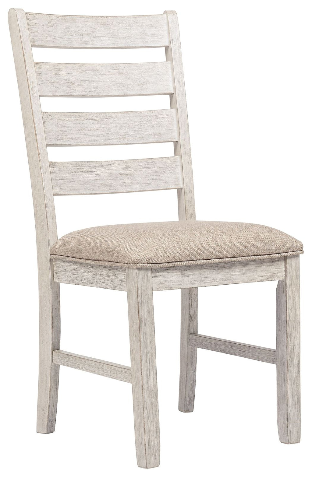 Light wood dining side chair with beige upholstered seat and slatted back
