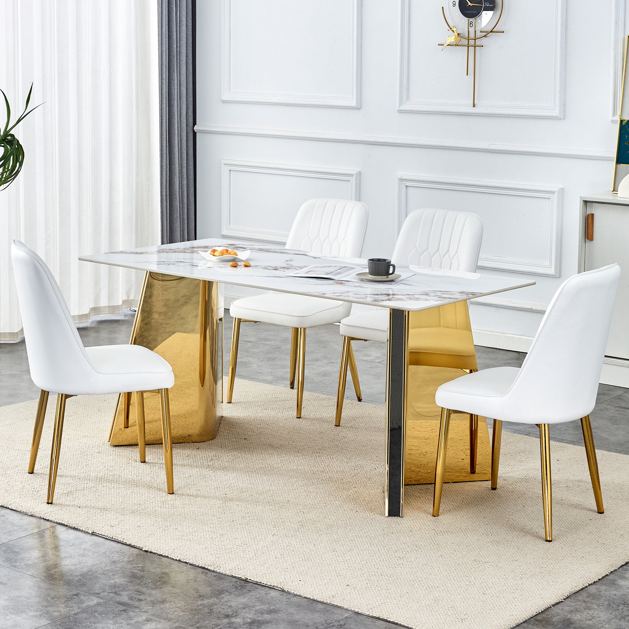 Jade Stone Dining Table & 4 White Chairs