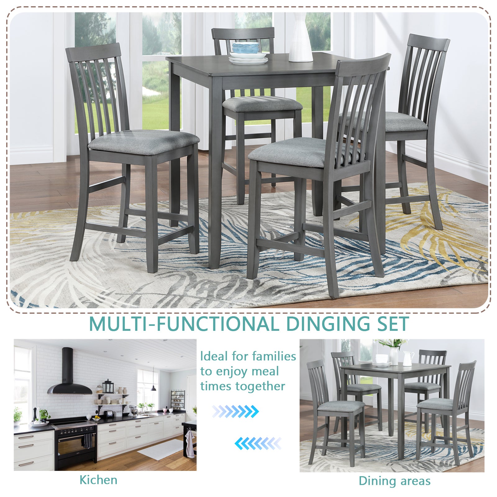 5 Piece Dining Set, Square Kitchen Table w/ Chairs