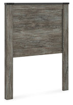 Gray wood panel headboard with vertical posts and dark top brackets
