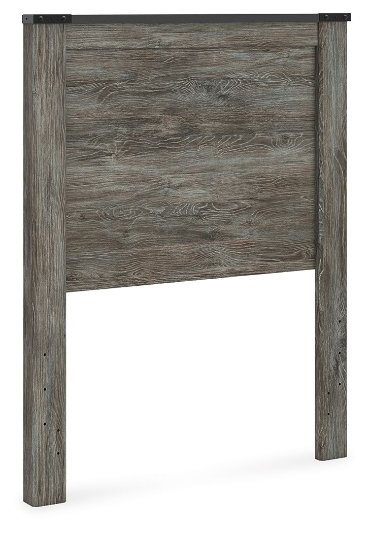 Gray wood panel headboard with vertical posts and dark top brackets