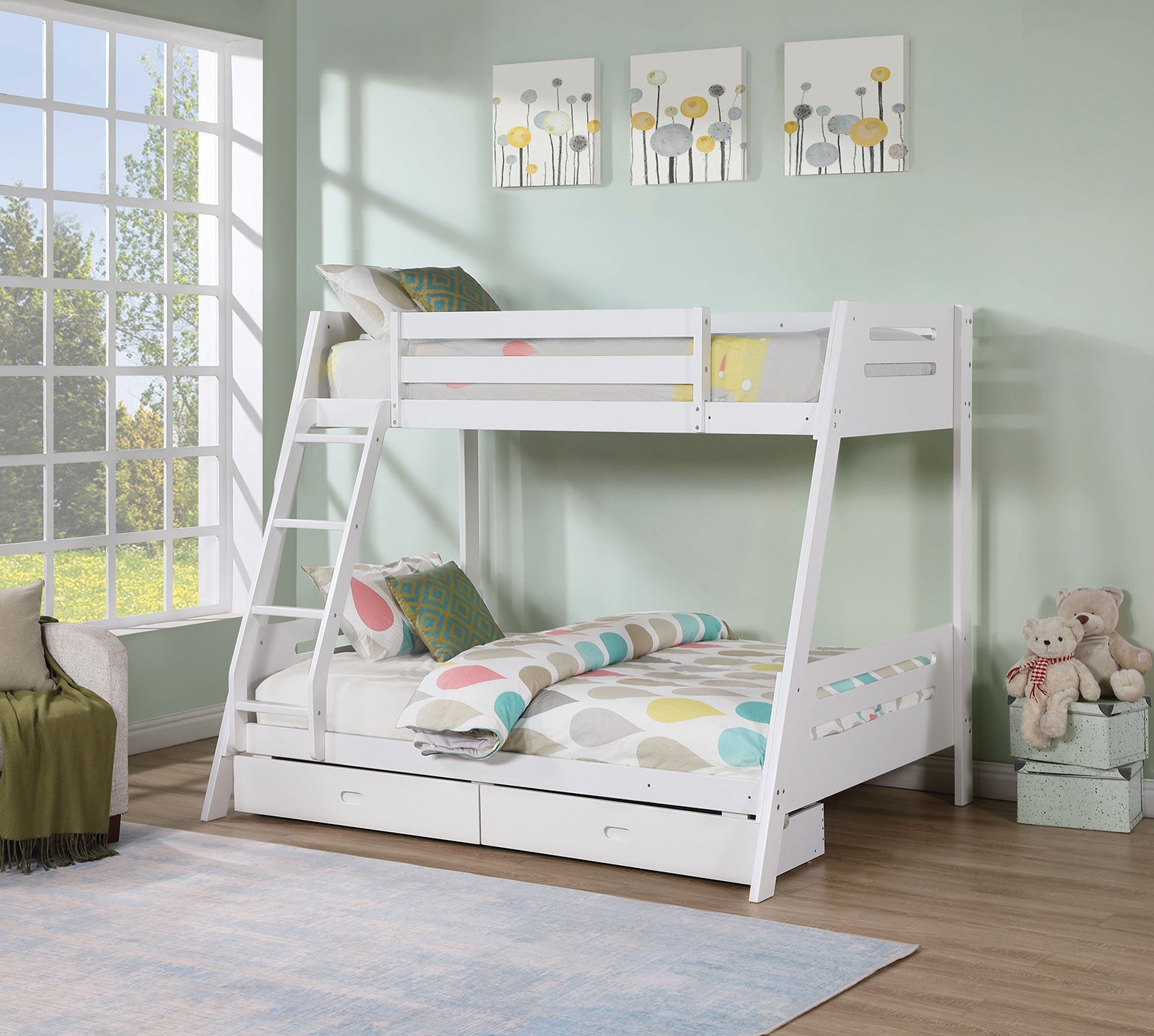 Transitional White Bunk Bed with Underbed Drawers & Angled Ladder
