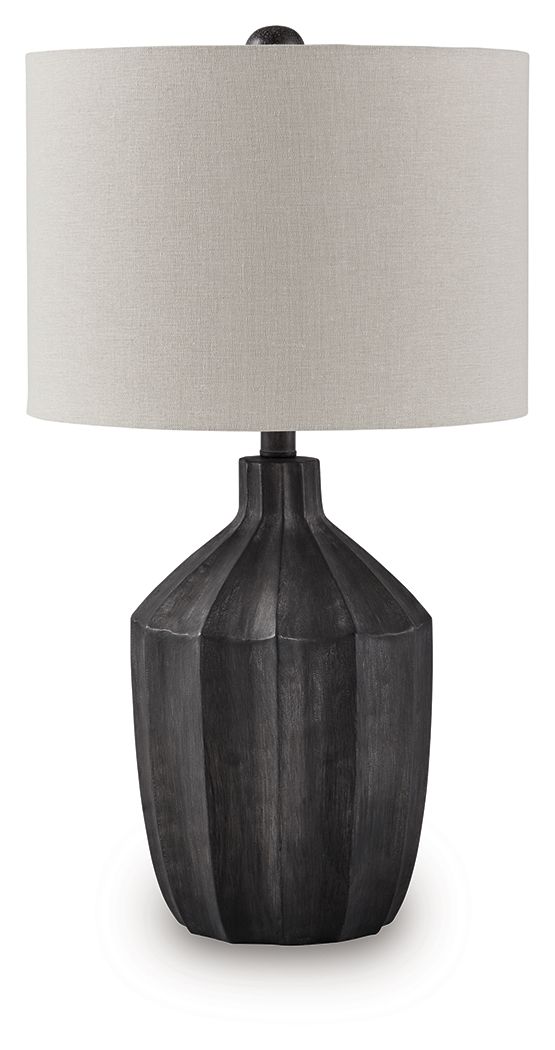Black poly table lamp with beige fabric shade and ribbed pedestal base