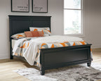 Black panel bed with one drawer storage front and dressed bedding for a bedroom look.