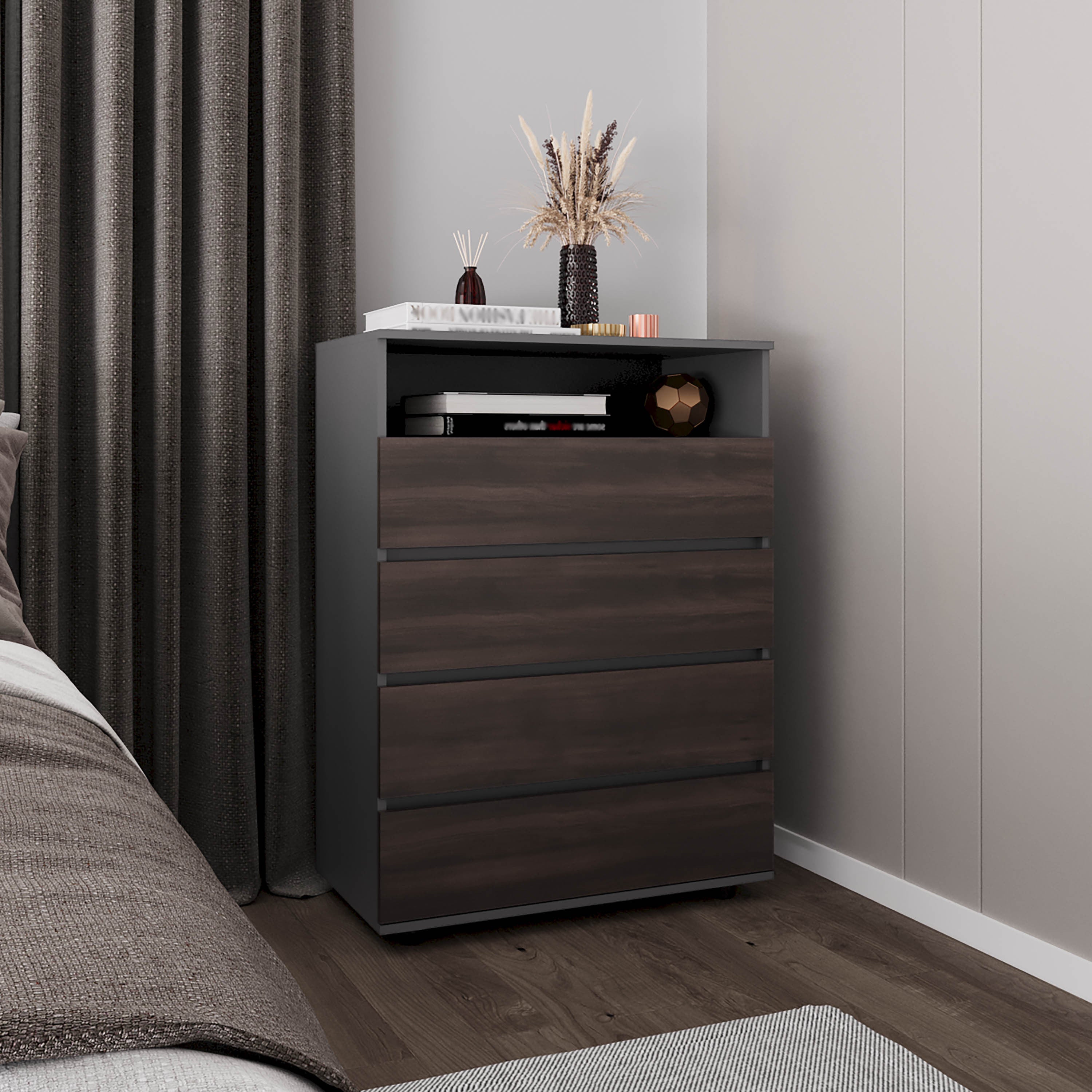 Matt Gray & Dark Oak 4-Drawer Dresser with 1 Shelf