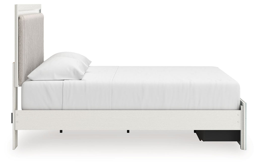 Upholstered panel platform storage bed, white frame with side view and two open storage rails