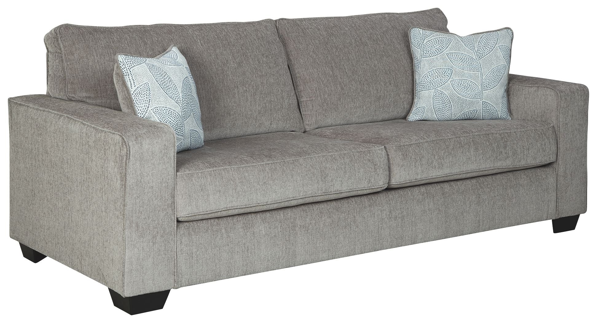 Alloy sleeper sofa in a side angle with two square patterned throw pillows