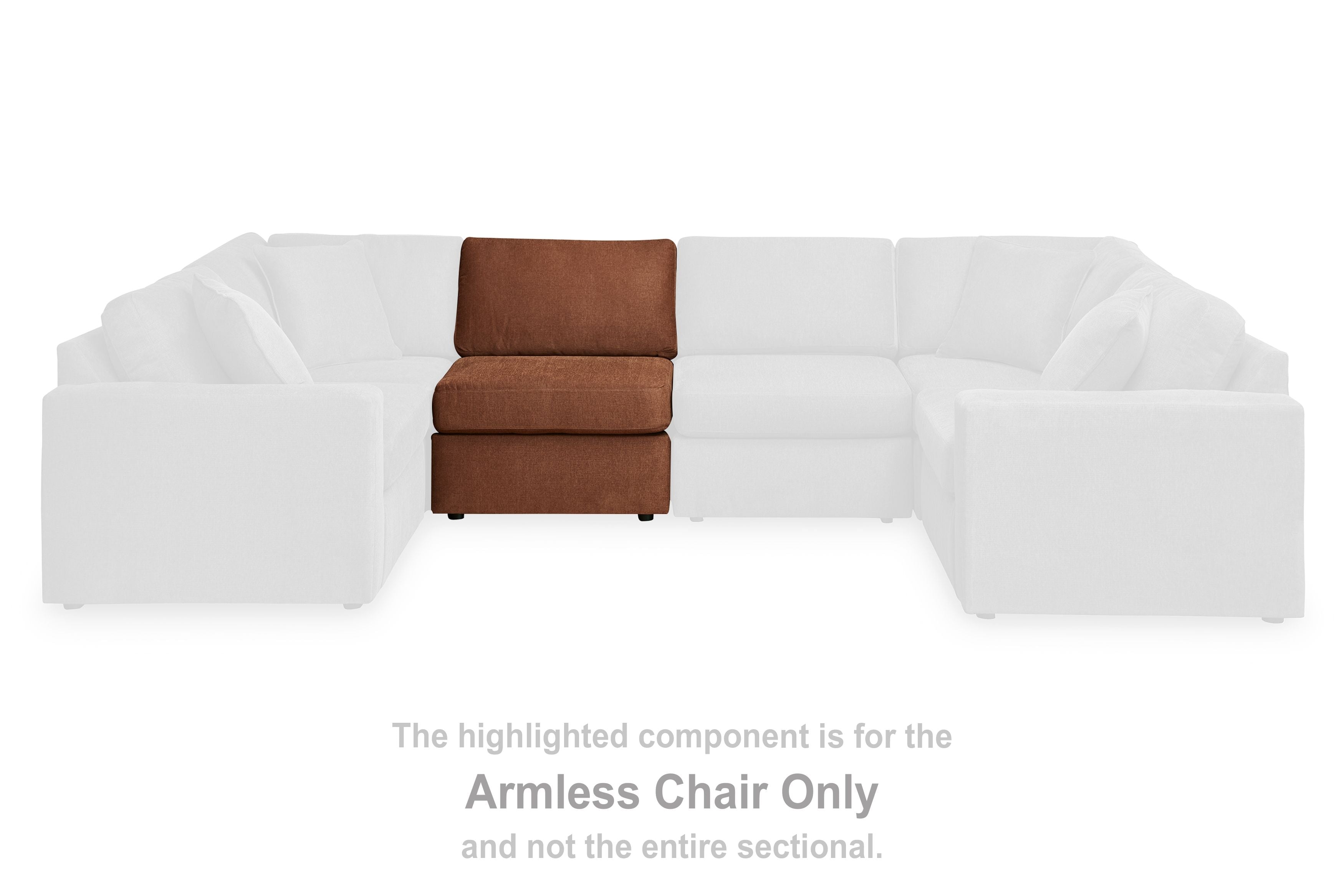 Brown armless chair component with padded seat and back, shown on a sectional