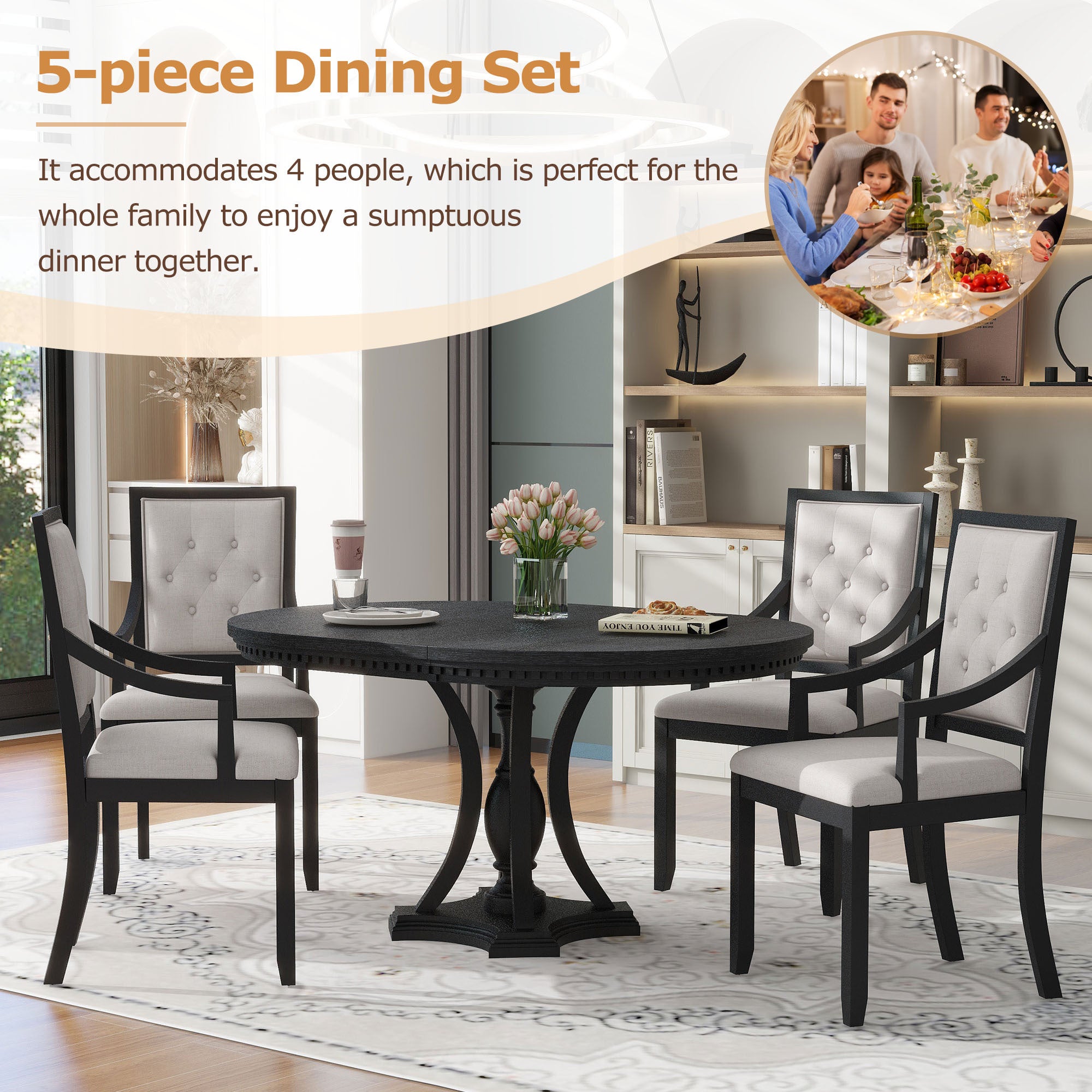 Retro 5-Pc Dining Set Black Oak