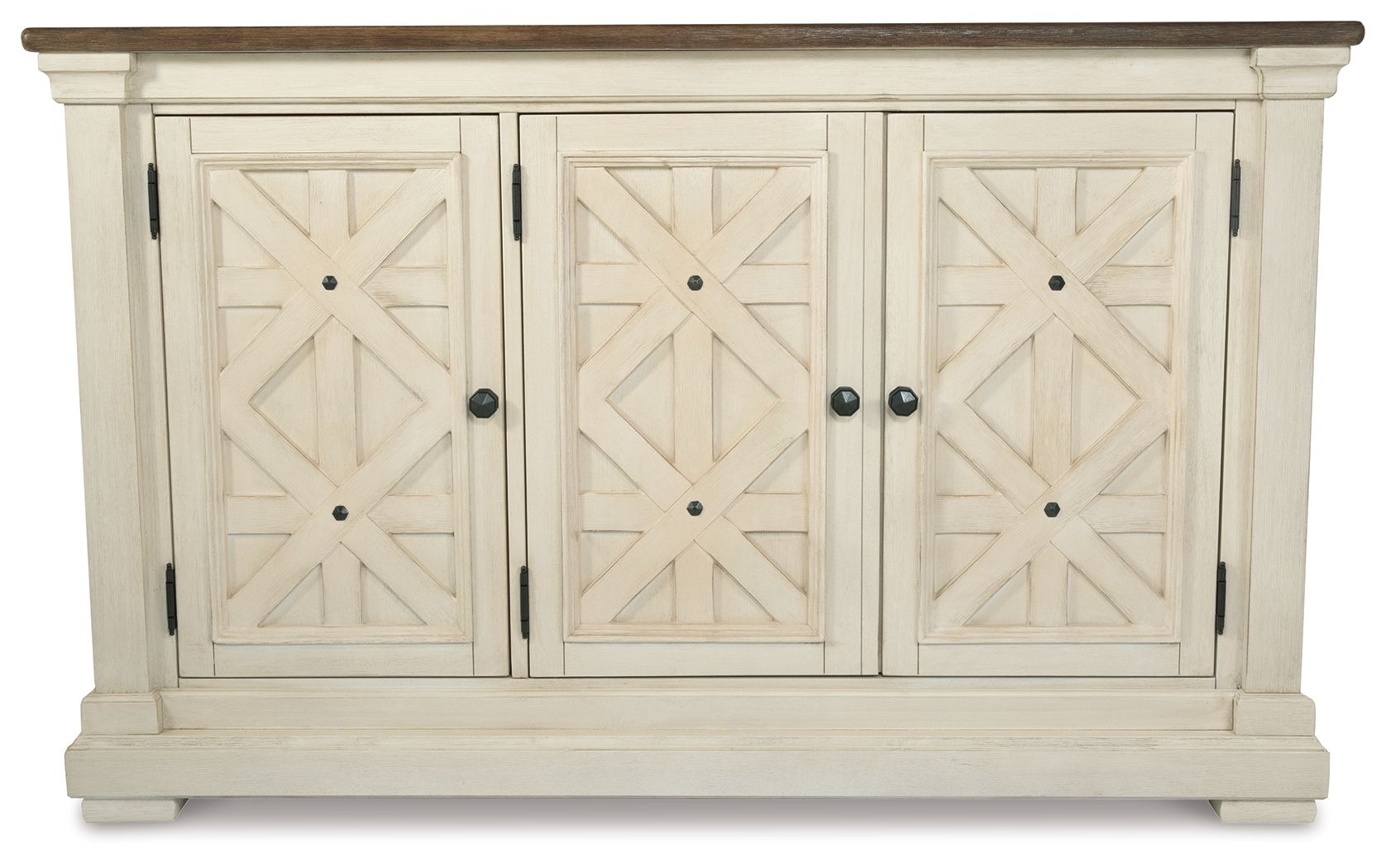 Beige dining room server cabinet with three paneled doors and crossed wood accents