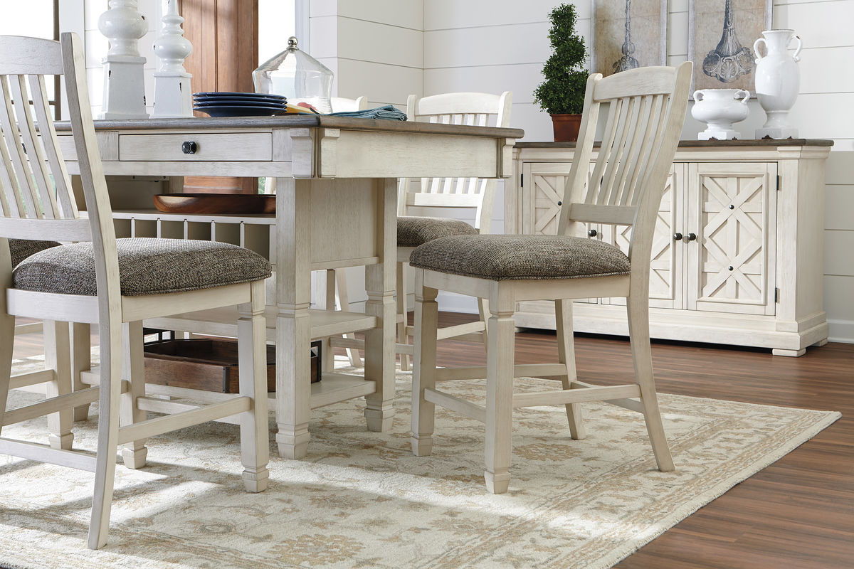 Beige dining chairs with upholstered seats around a rectangular table