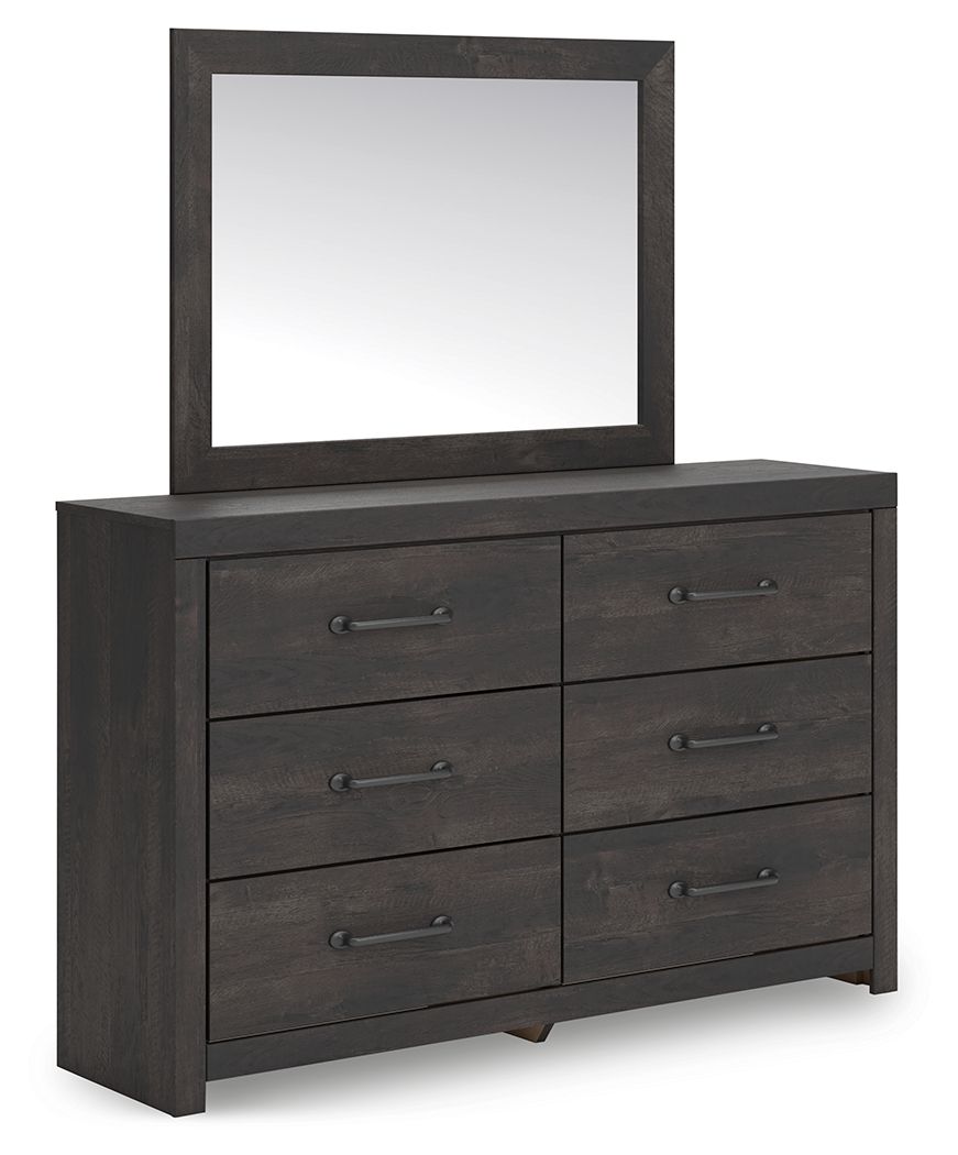 Dark gray dresser with square mirror, four drawers and two cabinet doors