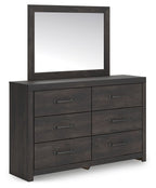 Dark gray dresser with square mirror, four drawers and two cabinet doors