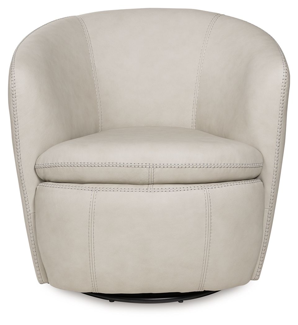Beige upholstered swivel chair with rounded backrest and cushioned seat