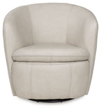 Beige upholstered swivel chair with rounded backrest and cushioned seat