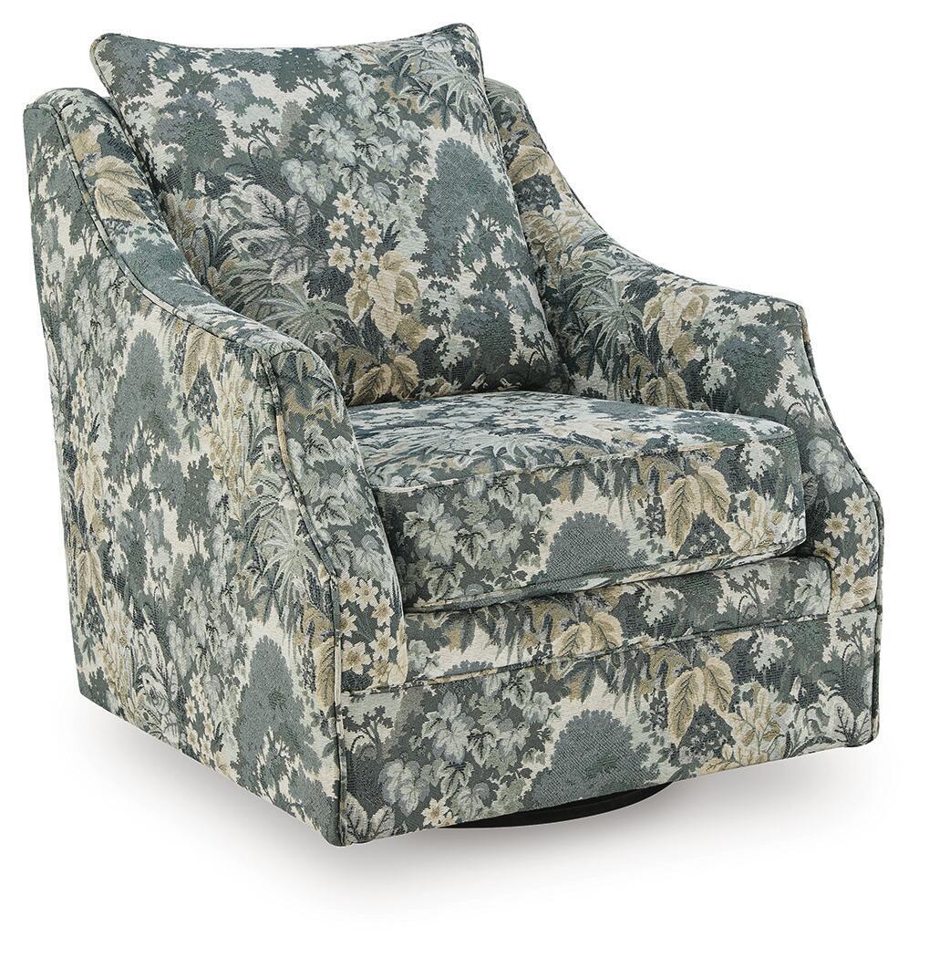 Green floral upholstered swivel accent chair with wide arms and cushioned seat.