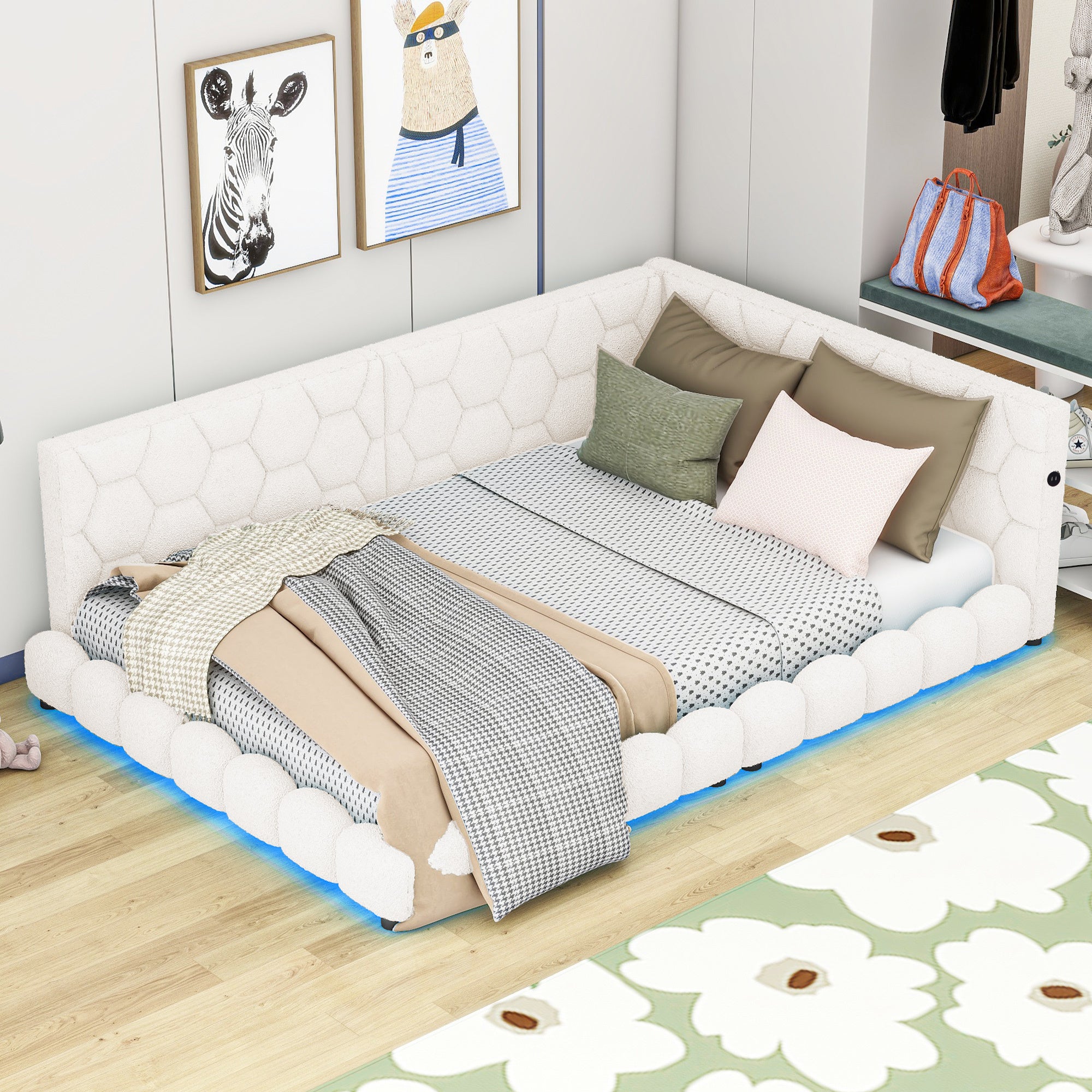 White Upholstered Full Size Platform Bed w/ USB & LED Belt