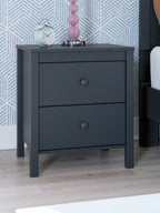 Navy blue two-drawer night stand with round knobs and flat top.