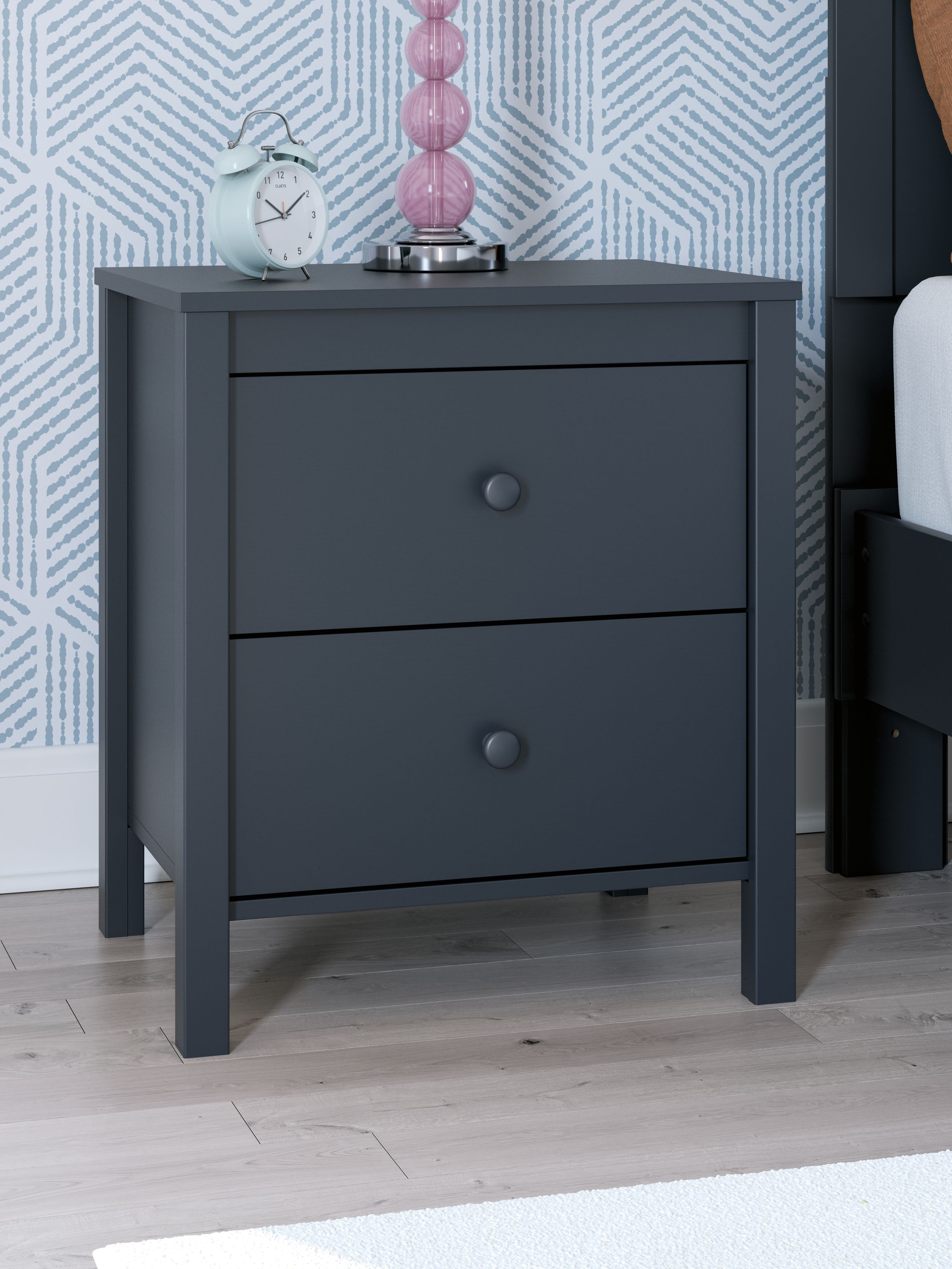 Navy blue two-drawer night stand with round knobs and flat top.
