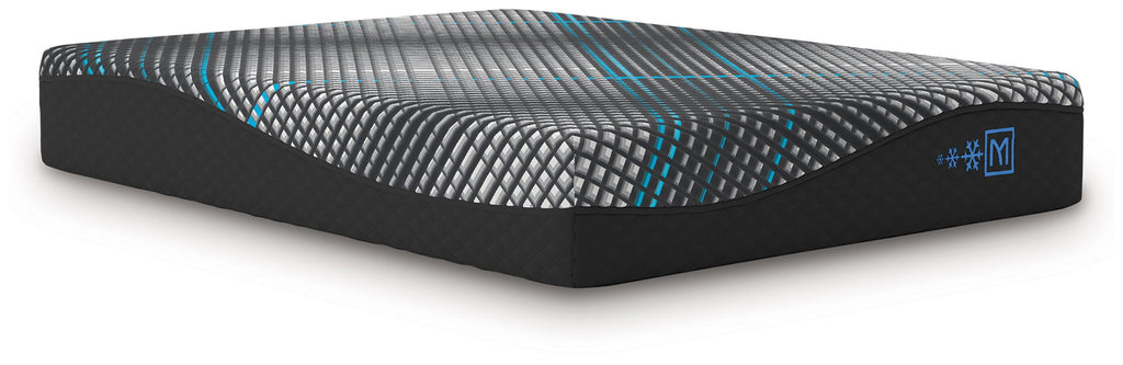 Black hybrid mattress with quilted grid top and teal accent lines