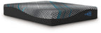 Black hybrid mattress with quilted grid top and teal accent lines
